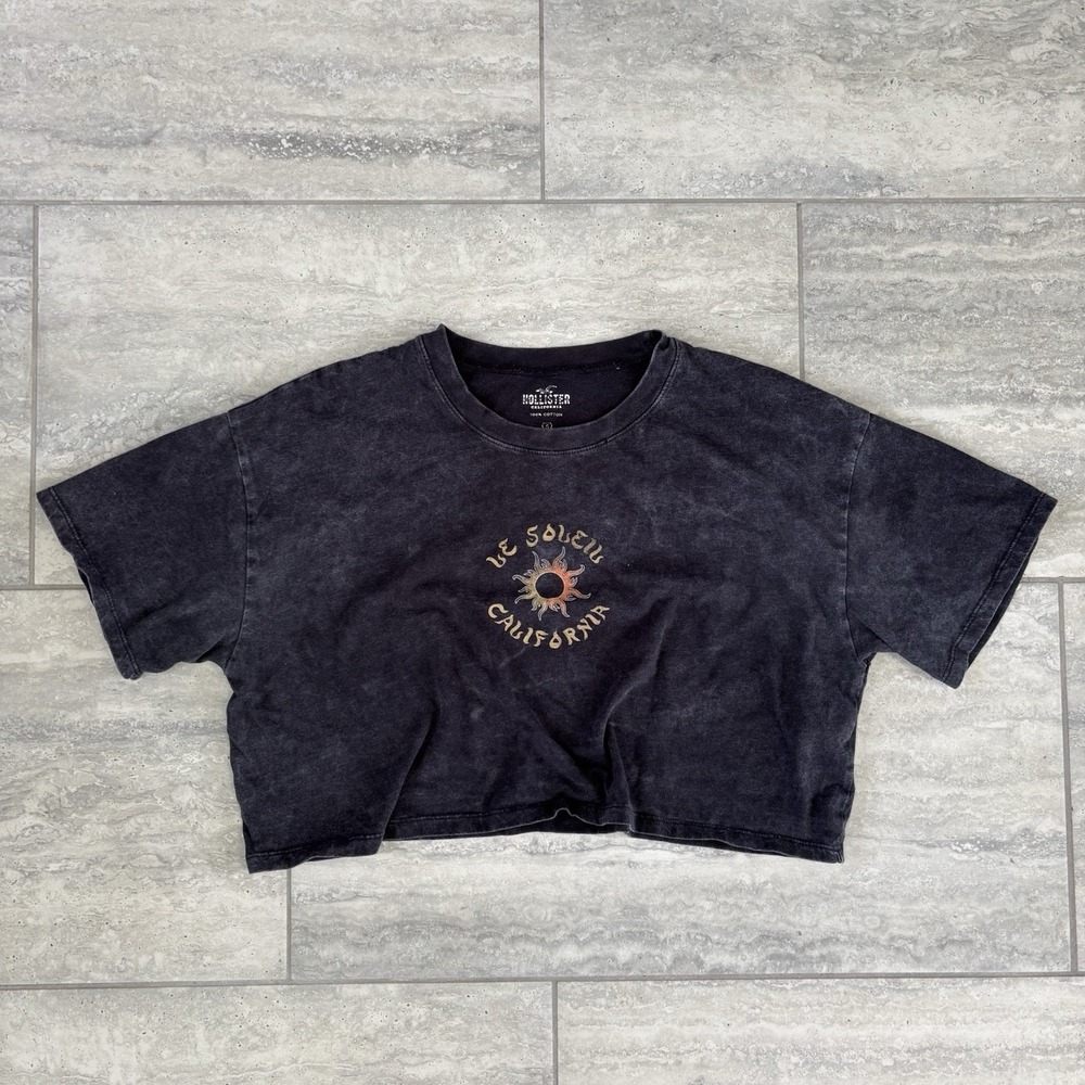 Hollister California Womens Crop T-Shirt Size Small Black Stone Wash Graphic Tee